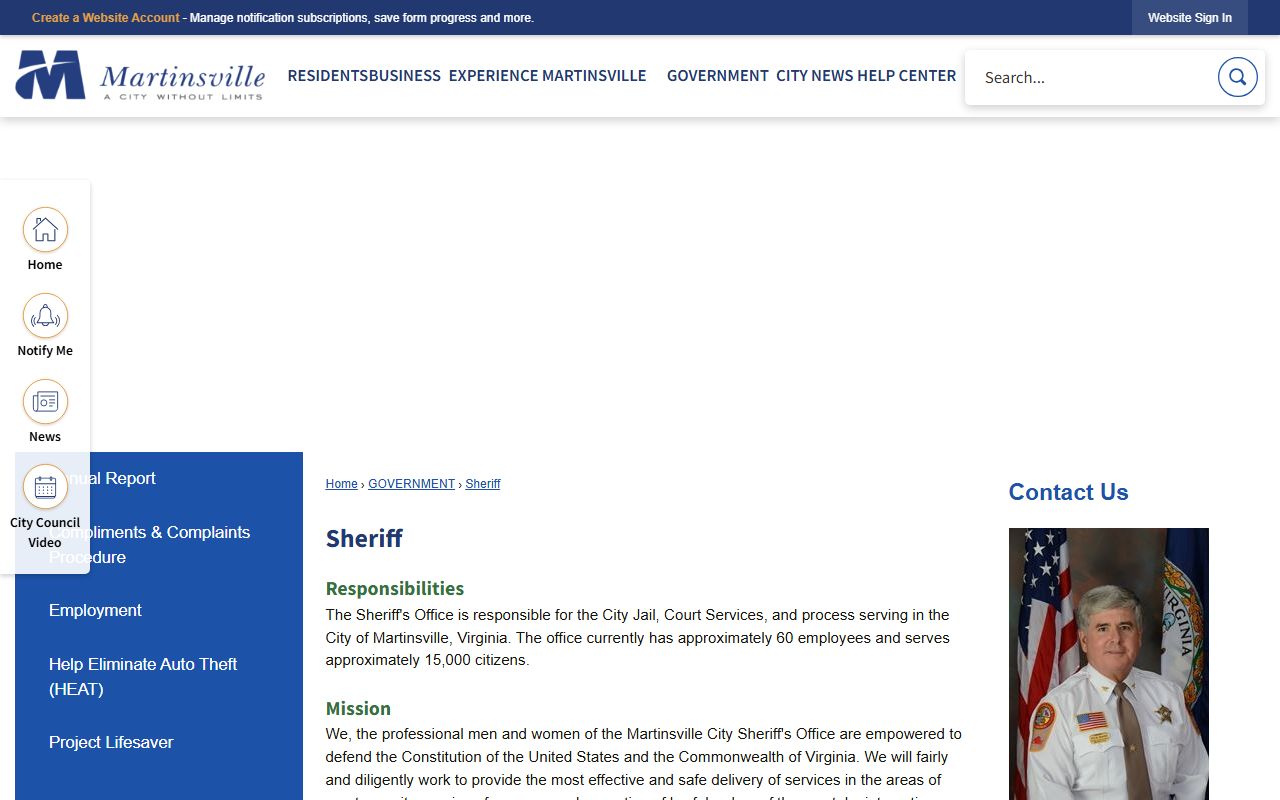 Martinsville City Jail and Annex custody search sheriff source page